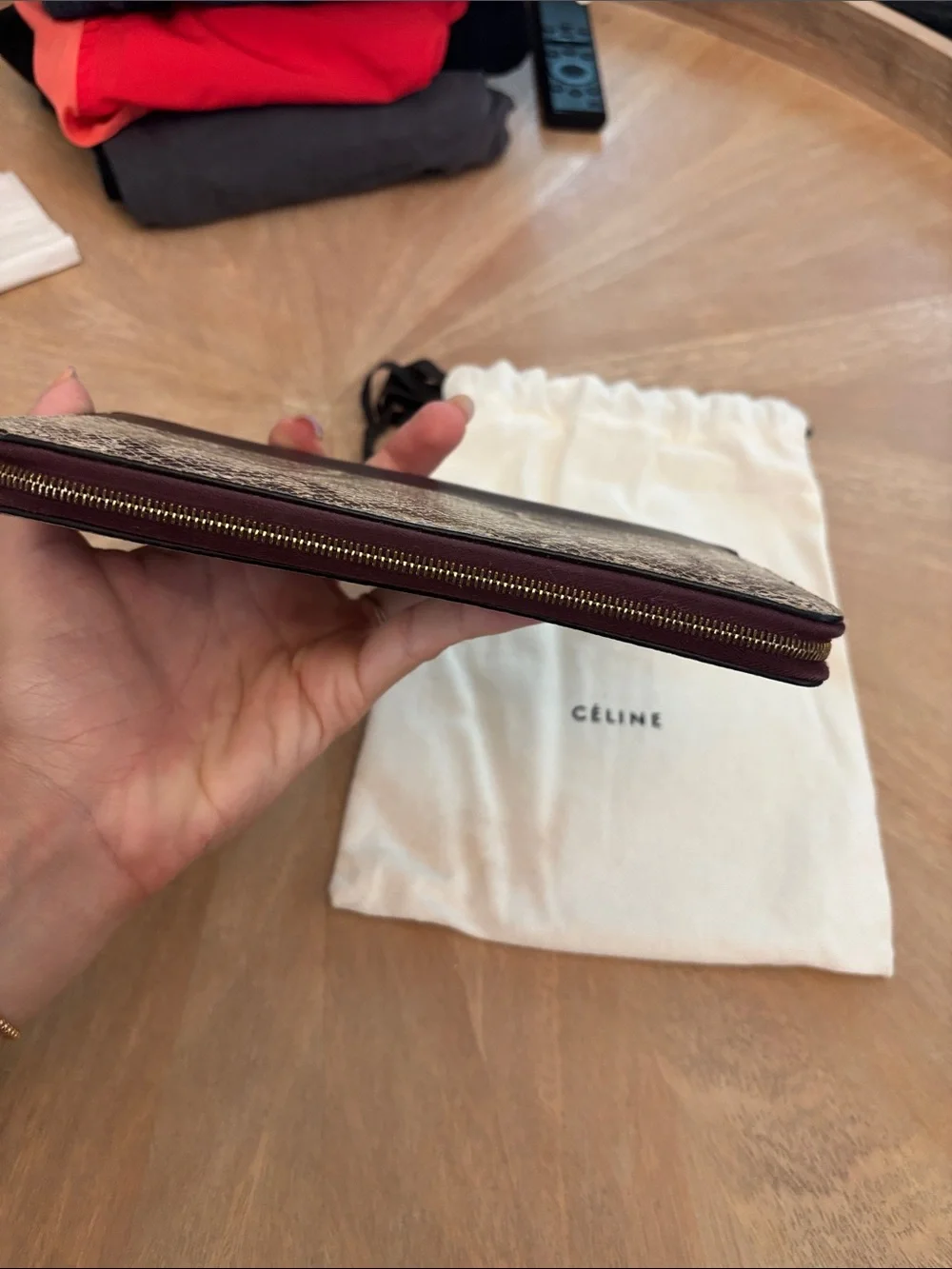 Python-Print Leather Zip Wallet in Maroon and Gray